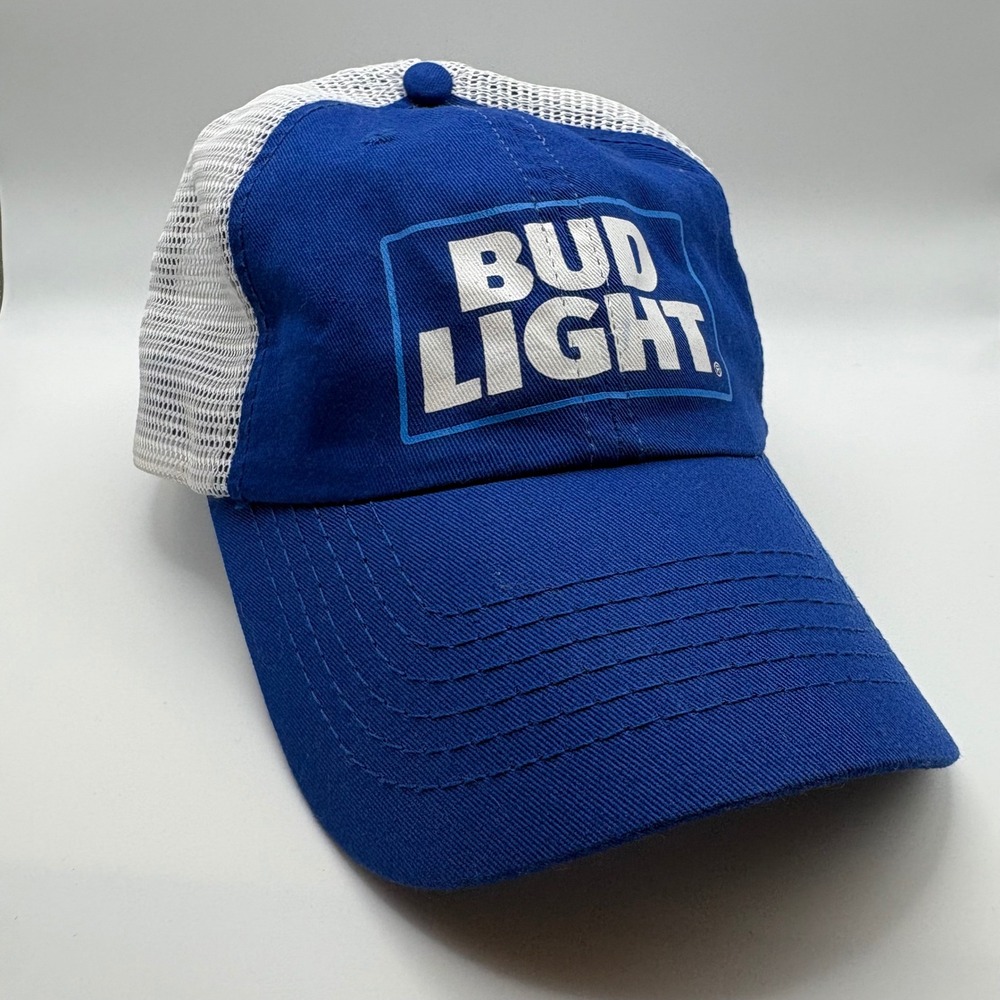 Bud Light Trucker Hat Snapback Mesh Back Blue White Beer Logo Baseball Cap OSFM